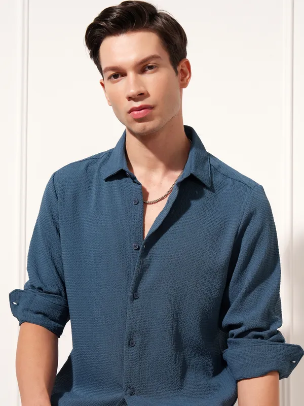 Highlander Men Navy Blue Self Design Slim Fit Casual Shirt