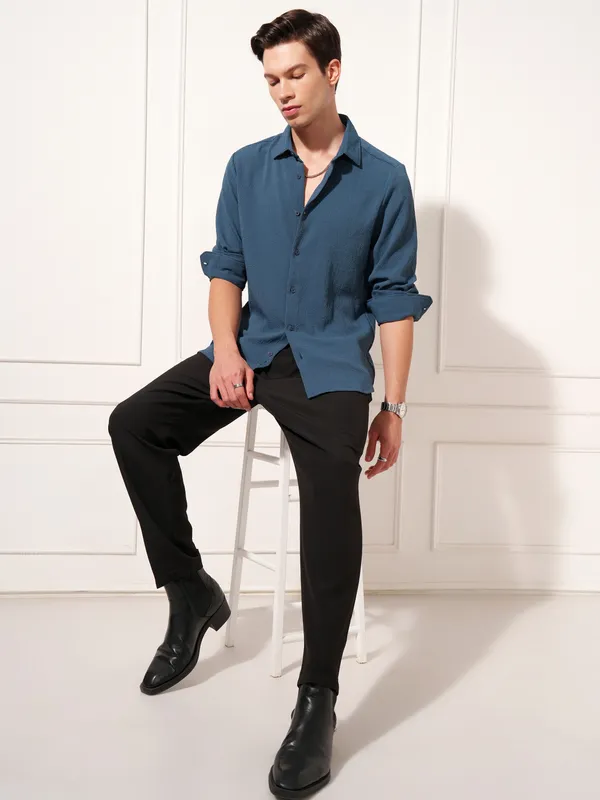 Highlander Men Navy Blue Self Design Slim Fit Casual Shirt