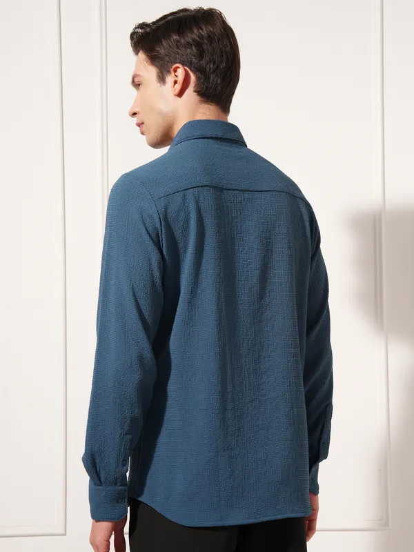 Highlander Men Navy Blue Self Design Slim Fit Casual Shirt