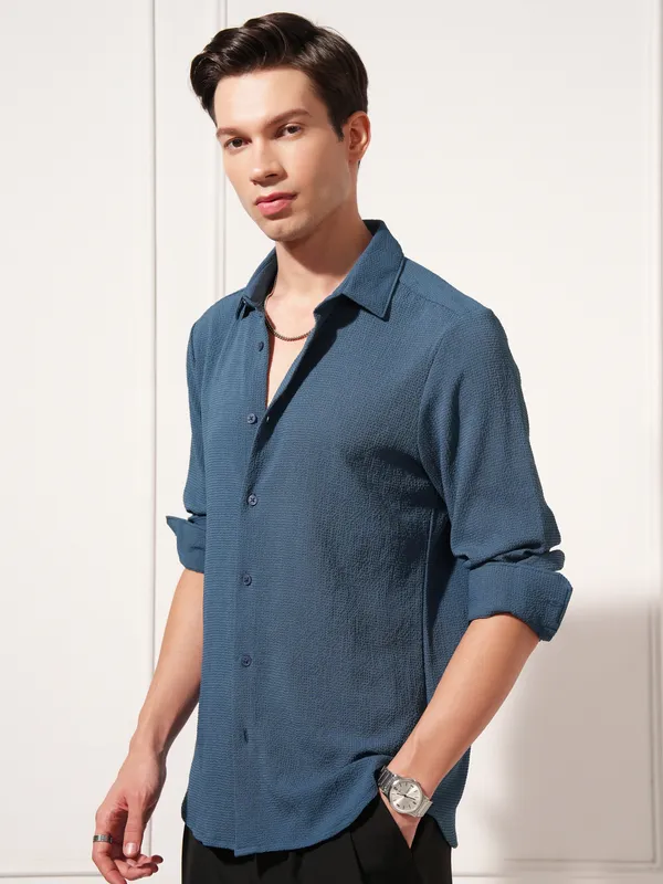 Highlander Men Navy Blue Self Design Slim Fit Casual Shirt