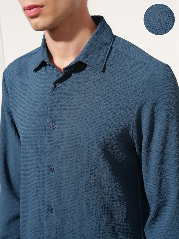 Highlander Men Navy Blue Self Design Slim Fit Casual Shirt