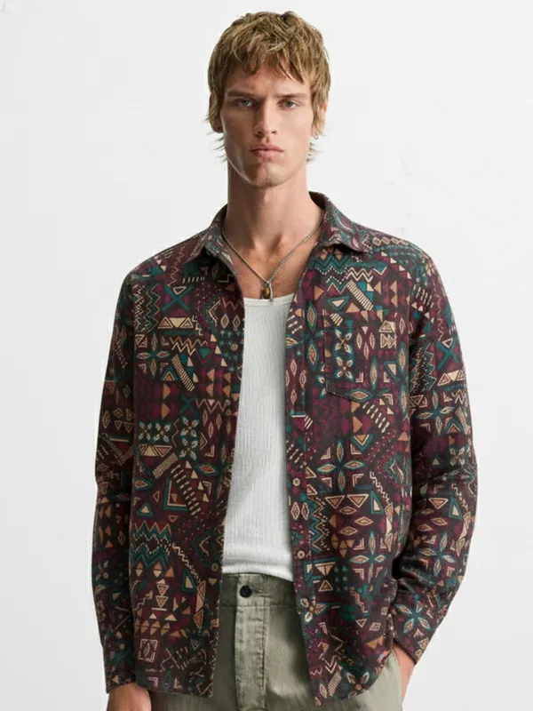 Highlander Men Brown Printed Slim Fit Casual Shirt