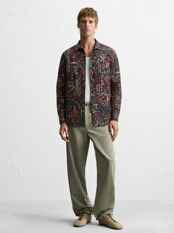 Highlander Men Brown Printed Slim Fit Casual Shirt