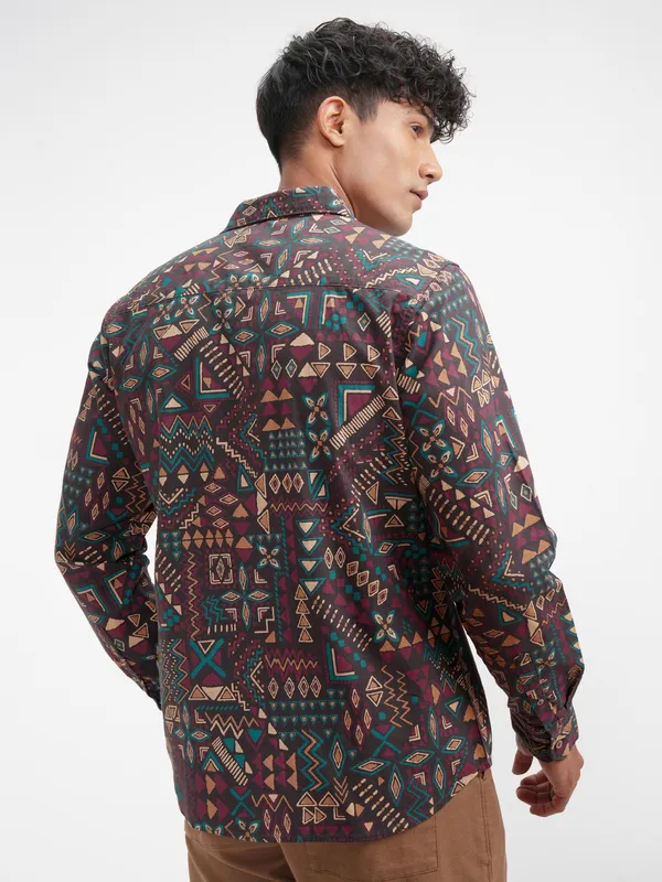 Highlander Men Brown Printed Slim Fit Casual Shirt