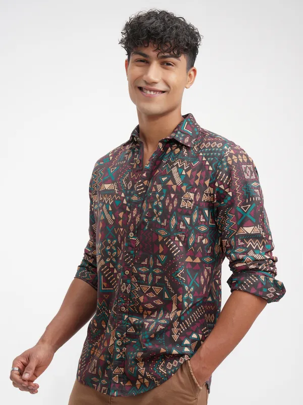 Highlander Men Brown Printed Slim Fit Casual Shirt