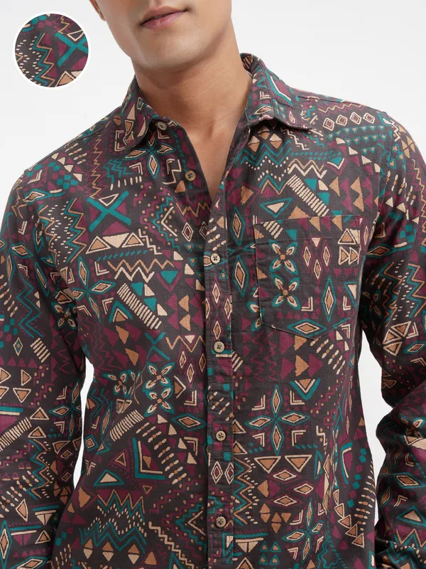 Highlander Men Brown Printed Slim Fit Casual Shirt