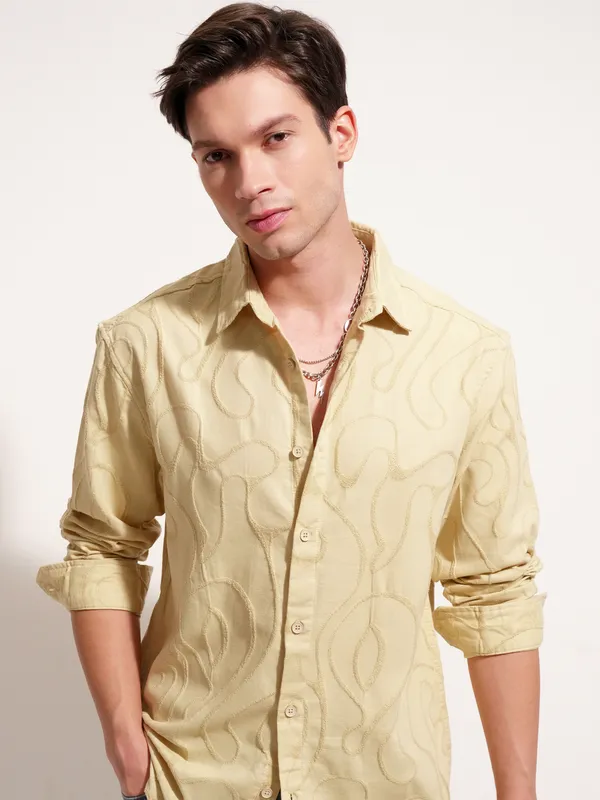 Highlander Men Mustard Self Design Relaxed Fit Casual Shirt