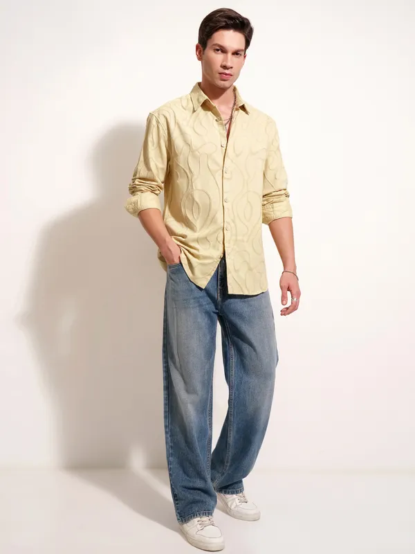Highlander Men Mustard Self Design Relaxed Fit Casual Shirt
