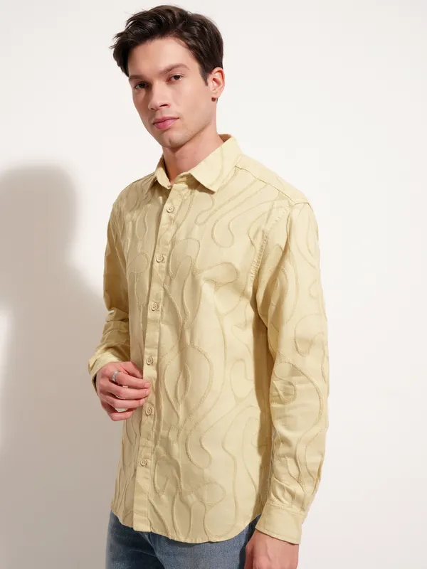 Highlander Men Mustard Self Design Relaxed Fit Casual Shirt