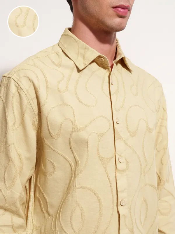 Highlander Men Mustard Self Design Relaxed Fit Casual Shirt