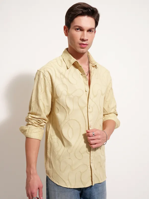 Highlander Men Mustard Self Design Relaxed Fit Casual Shirt