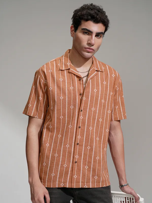 Highlander Men Rust Printed Relaxed Fit Casual Shirt