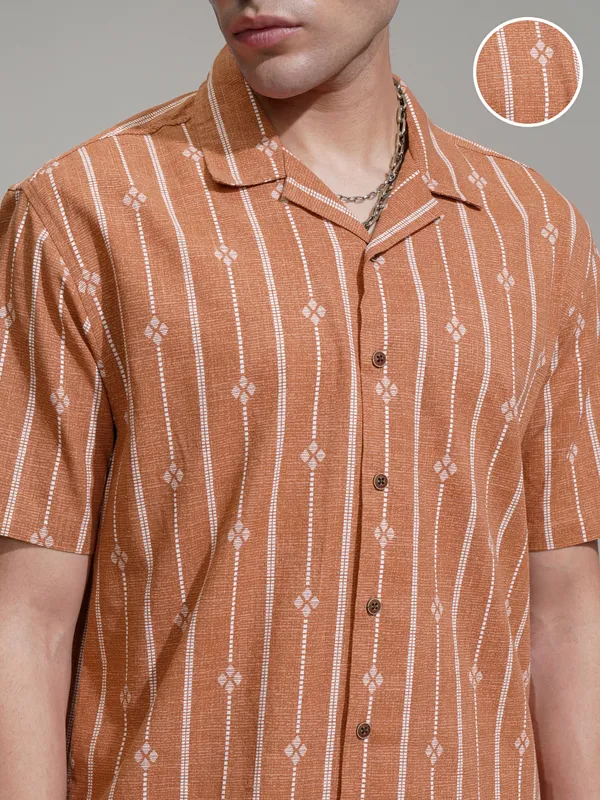 Highlander Men Rust Printed Relaxed Fit Casual Shirt