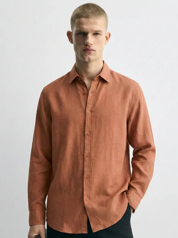 Highlander Men Rust Self Design Relaxed Fit Casual Shirt