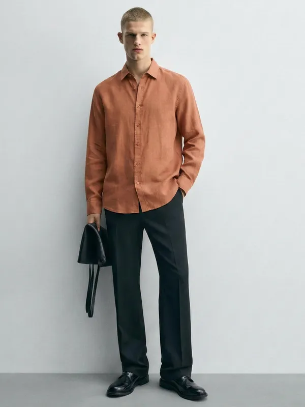 Highlander Men Rust Self Design Relaxed Fit Casual Shirt