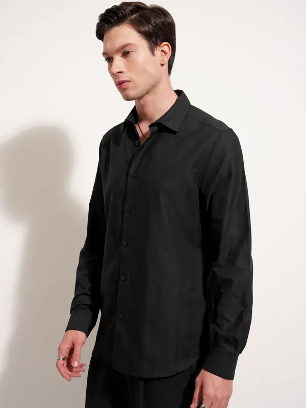 Highlander Men Black Self Design Slim Fit Casual Shirt