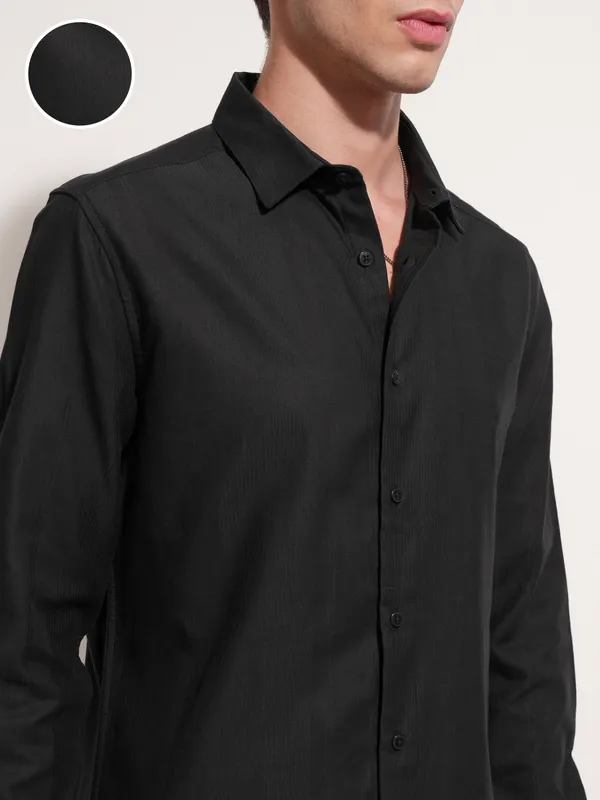 Highlander Men Black Self Design Slim Fit Casual Shirt