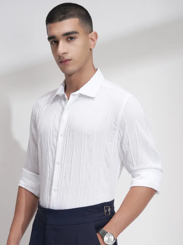 Highlander Men White Striped Slim Fit Casual Shirt