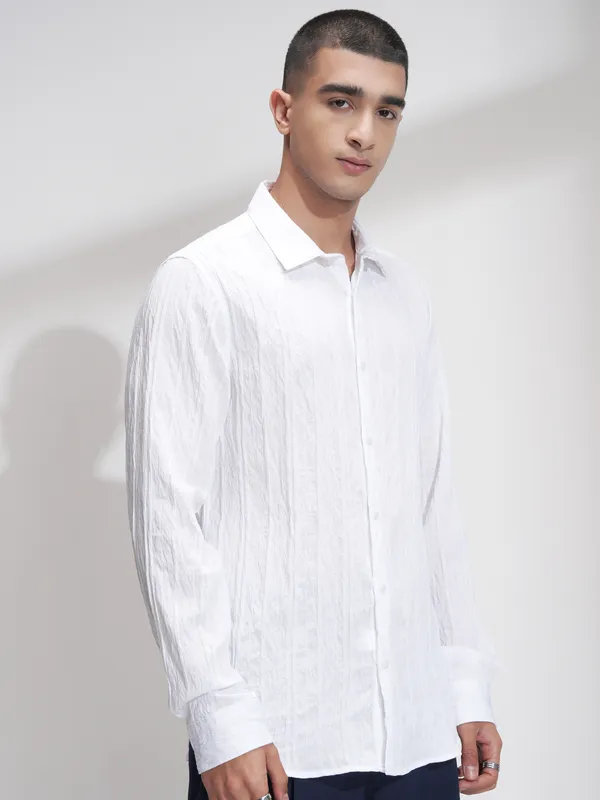 Highlander Men White Striped Slim Fit Casual Shirt