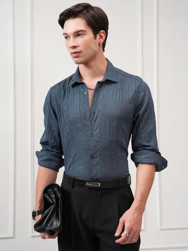 Highlander Men Teal Textured Slim Fit Casual Shirt