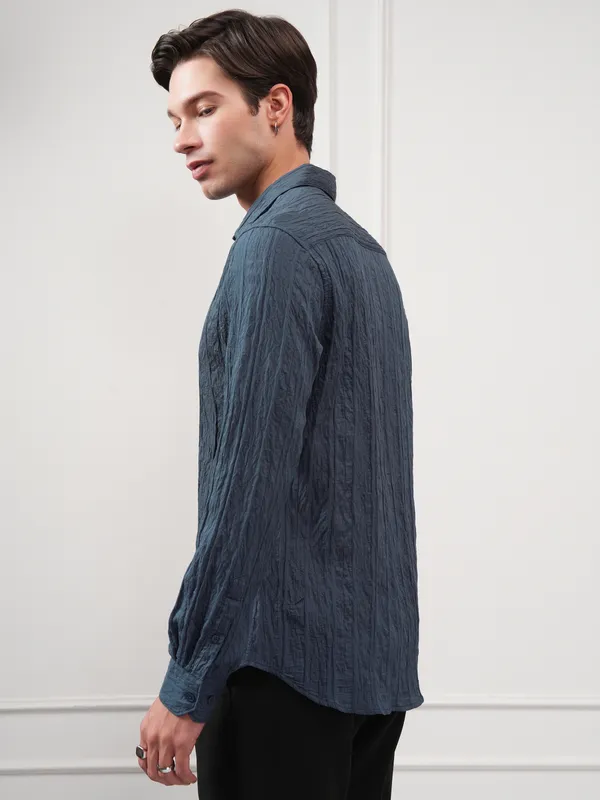 Highlander Men Teal Textured Slim Fit Casual Shirt