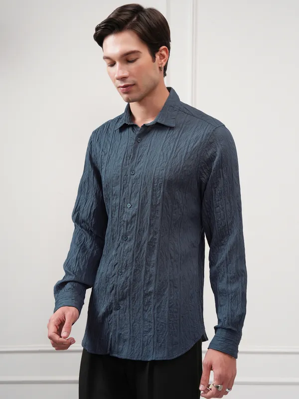 Highlander Men Teal Textured Slim Fit Casual Shirt