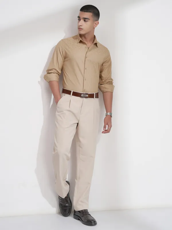 Highlander Men Beige Self Design Slim Fit Casual Shirt