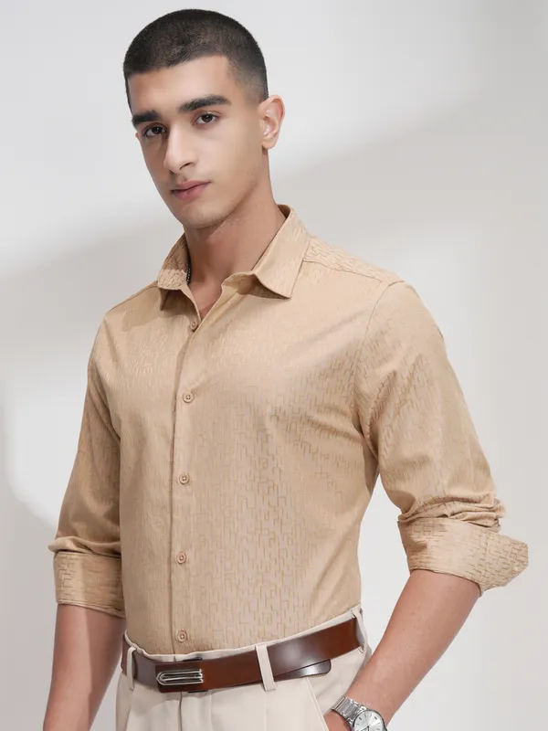 Highlander Men Beige Self Design Slim Fit Casual Shirt