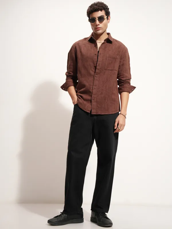 Highlander Men Brown Self Design Relaxed Fit Casual Shirt