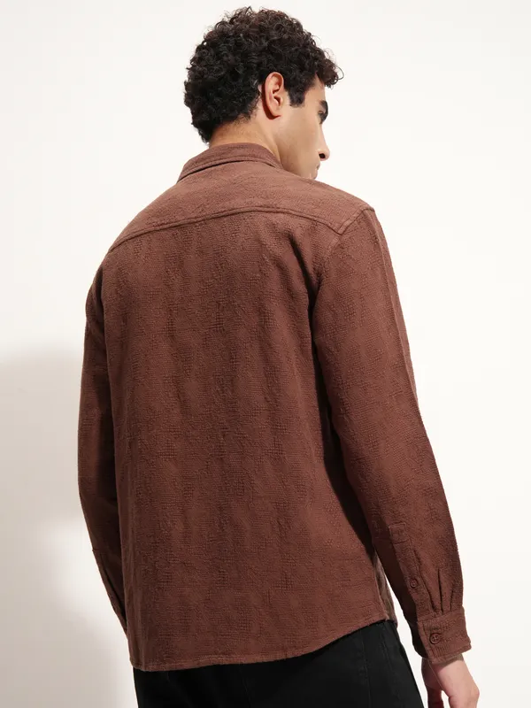 Highlander Men Brown Self Design Relaxed Fit Casual Shirt