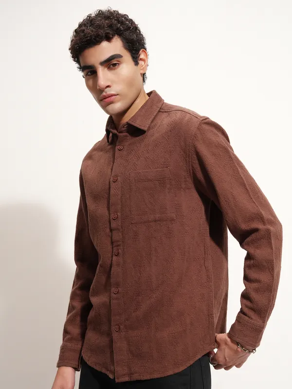 Highlander Men Brown Self Design Relaxed Fit Casual Shirt