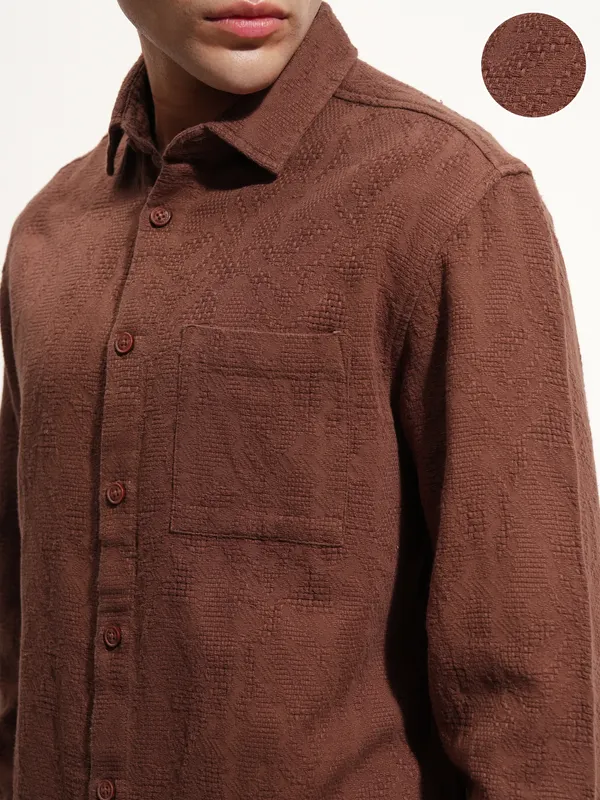 Highlander Men Brown Self Design Relaxed Fit Casual Shirt