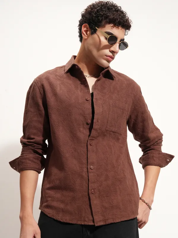 Highlander Men Brown Self Design Relaxed Fit Casual Shirt