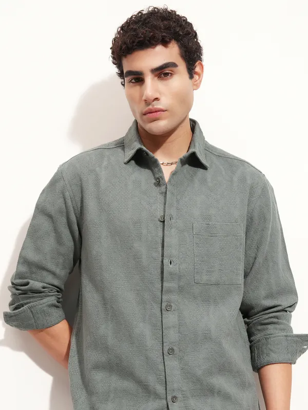 Highlander Men Olive Self Design Relaxed Fit Casual Shirt