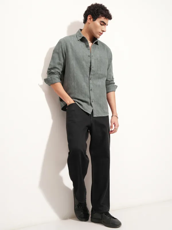 Highlander Men Olive Self Design Relaxed Fit Casual Shirt