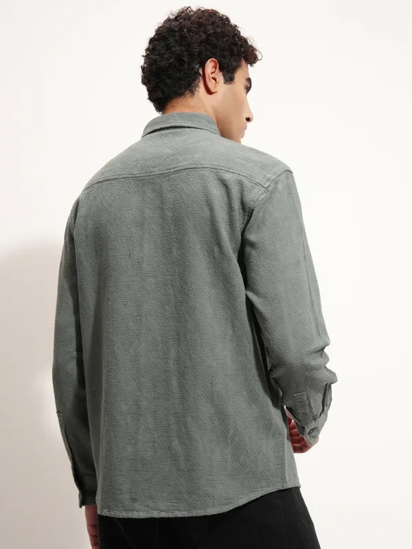 Highlander Men Olive Self Design Relaxed Fit Casual Shirt