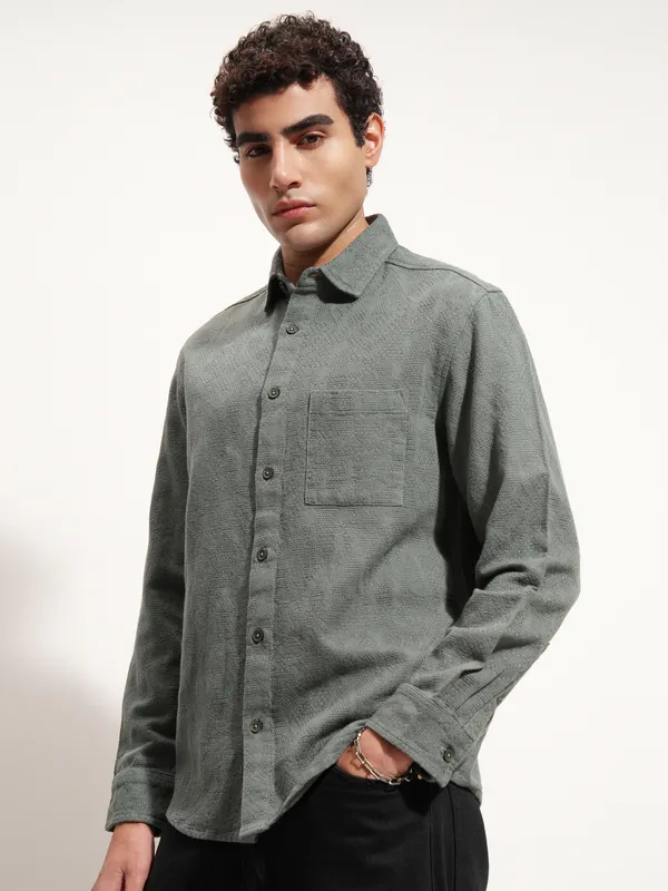 Highlander Men Olive Self Design Relaxed Fit Casual Shirt