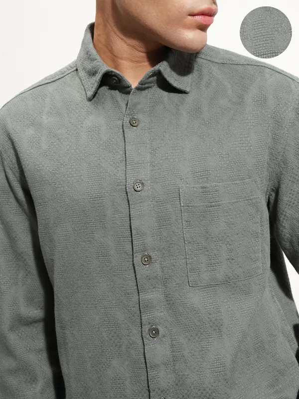 Highlander Men Olive Self Design Relaxed Fit Casual Shirt