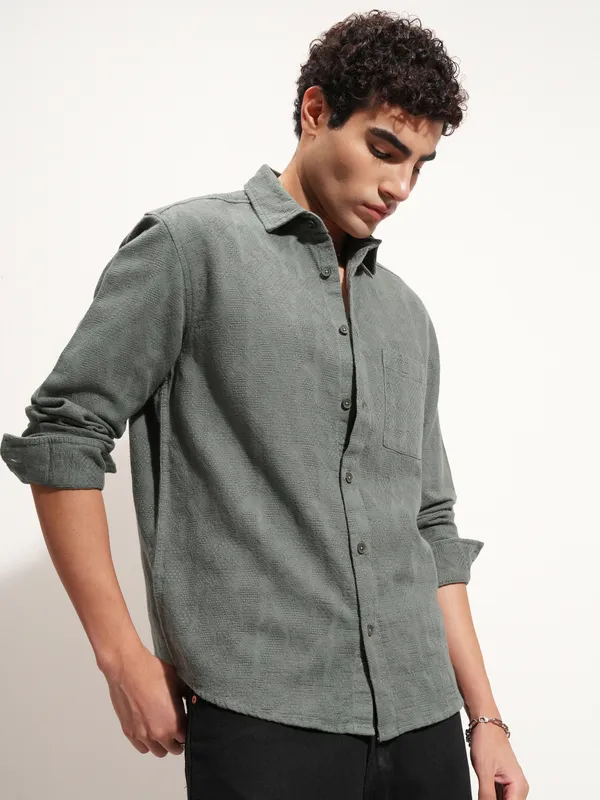 Highlander Men Olive Self Design Relaxed Fit Casual Shirt