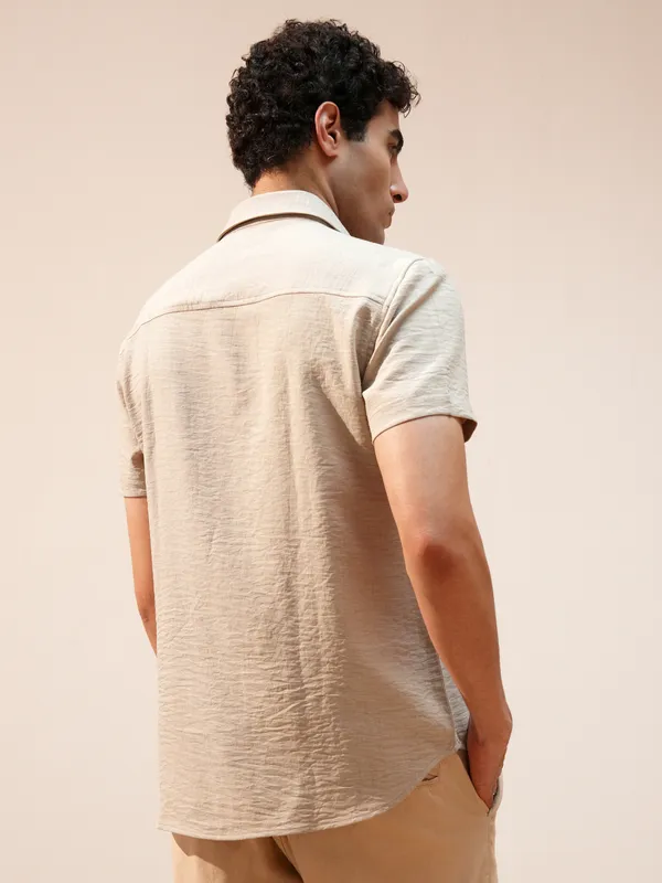 Highlander Men Beige Self Design Slim Fit Casual Shirt