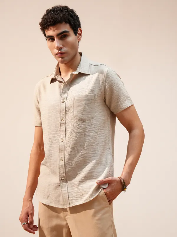 Highlander Men Beige Self Design Slim Fit Casual Shirt