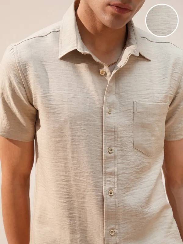 Highlander Men Beige Self Design Slim Fit Casual Shirt