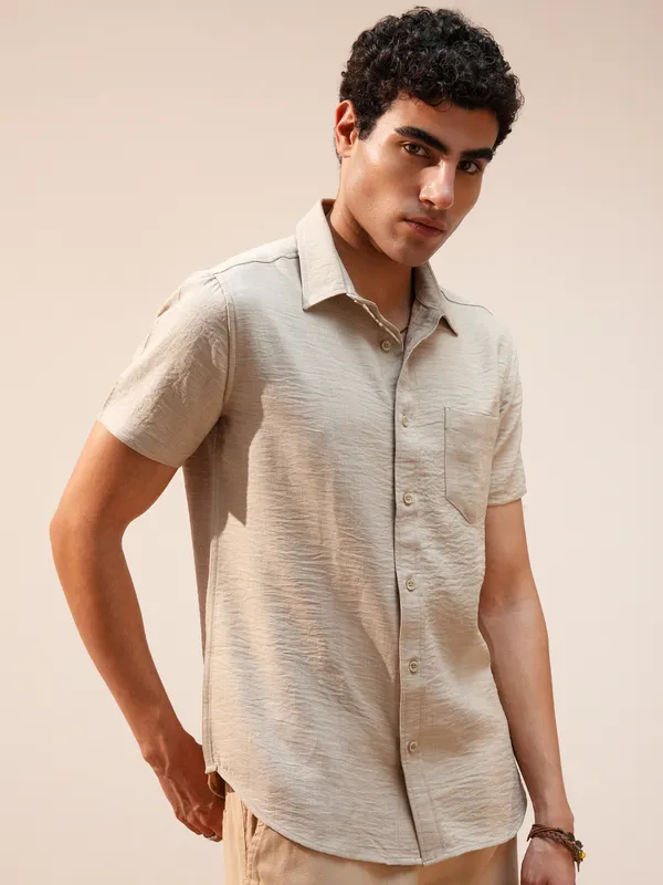 Highlander Men Beige Self Design Slim Fit Casual Shirt