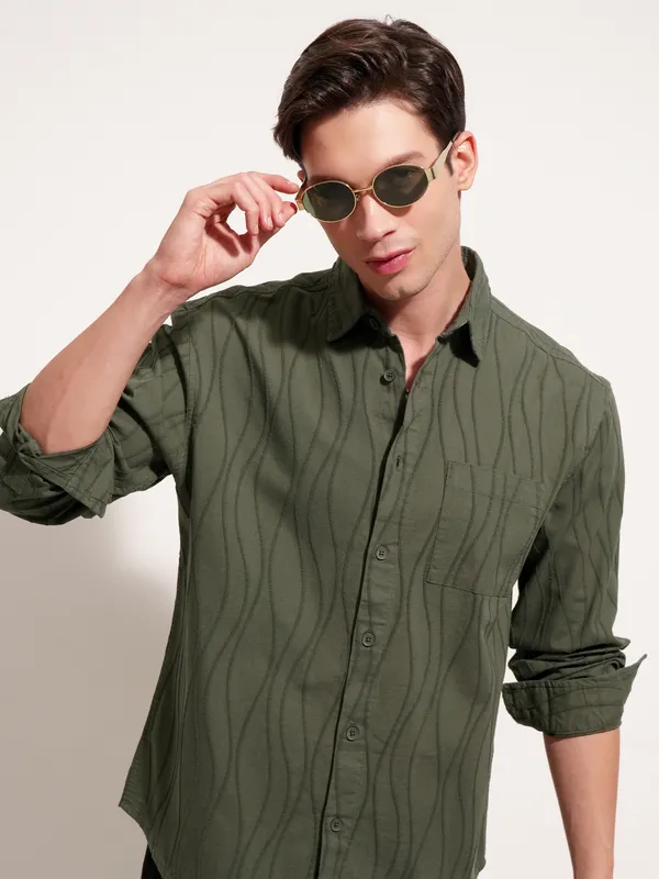 Highlander Men Olive Self Design Relaxed Fit Casual Shirt
