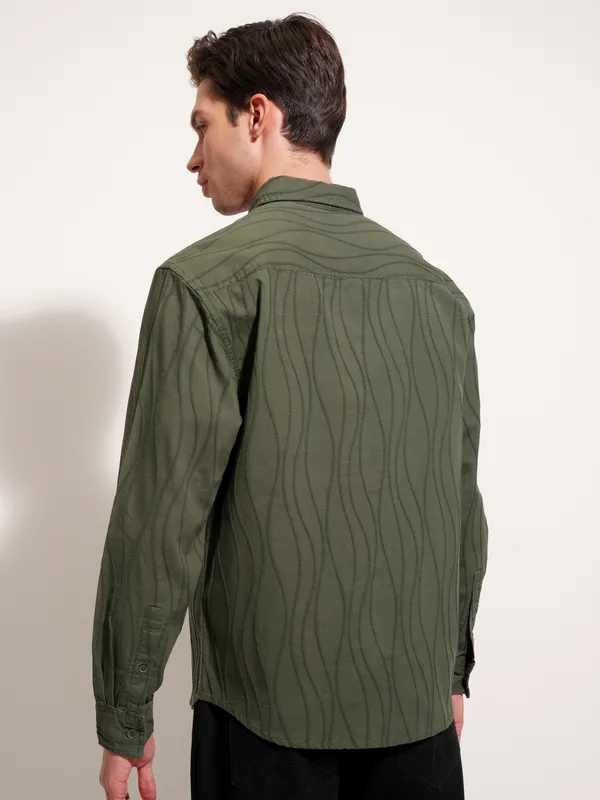 Highlander Men Olive Self Design Relaxed Fit Casual Shirt