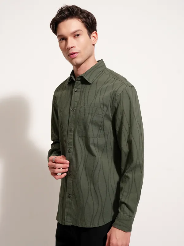 Highlander Men Olive Self Design Relaxed Fit Casual Shirt