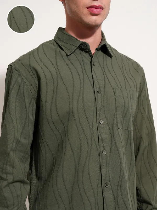 Highlander Men Olive Self Design Relaxed Fit Casual Shirt