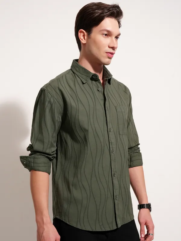 Highlander Men Olive Self Design Relaxed Fit Casual Shirt