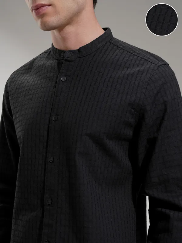 Highlander Men Black Self Design Slim Fit Casual Shirt