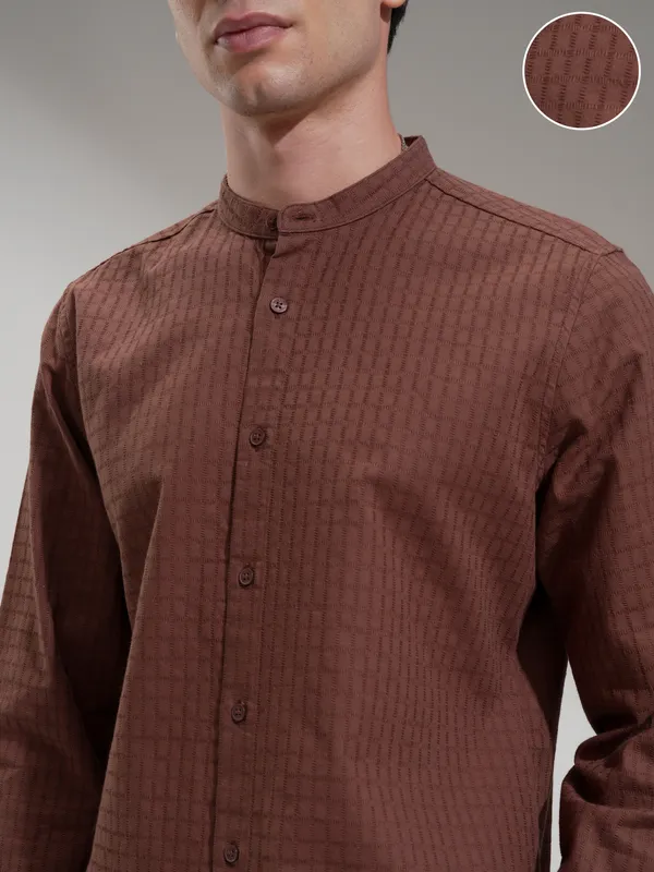Highlander Men Brown Self Design Slim Fit Casual Shirt